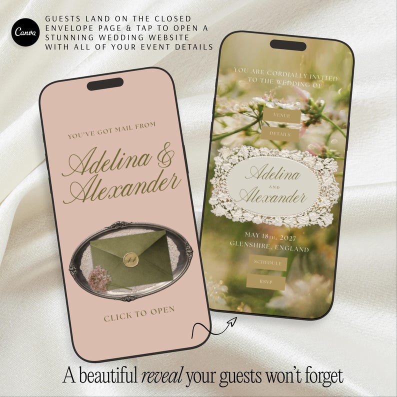 Canva Wedding Template Digital Website Package Vintage Wildflower Design Romantic Timeless Elegance Classic Style Soft Pink Cream Color Palette Lace Details Script Typography Eleven Pages Complete Suite RSVP Form Online Mobile Responsive