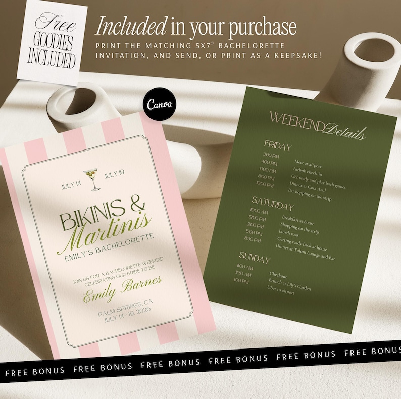 Bachelorette Website Template Bikinis and Martinis Editable Canva Invitation Itinerary Planner Bridal Event Organizer Bach Trip Details image 5