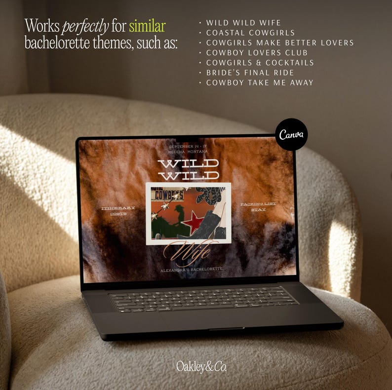 Digital Download Bachelorette Website Template Canva Western Cowboy Theme Brown Leather Design Pattern Matching Invitation Included Custom Party Planner Nashville Bach Weekend Scottsdale Austin Trip Itinerary Builder Event Details Section