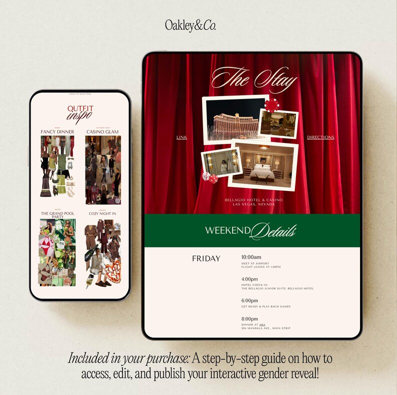 May include: A digital display with the text "Oakley & Co." and "The Stay." The display shows images of a hotel and room, with the words "Weekend Details" and a schedule for Friday. A second display shows outfit inspiration.