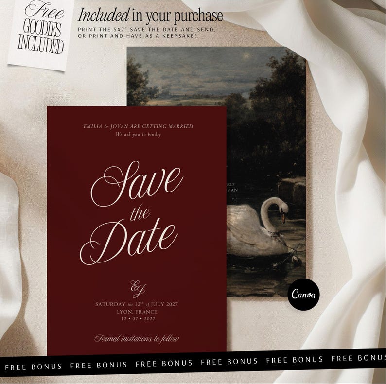 May include: A deep burgundy save the date card featuring white cursive text that reads Save the Date, Emilia & Jovan are getting married, and the date Saturday the 12th of July 2027 in Lyon, France. A second card shows a swan on a dark lake.