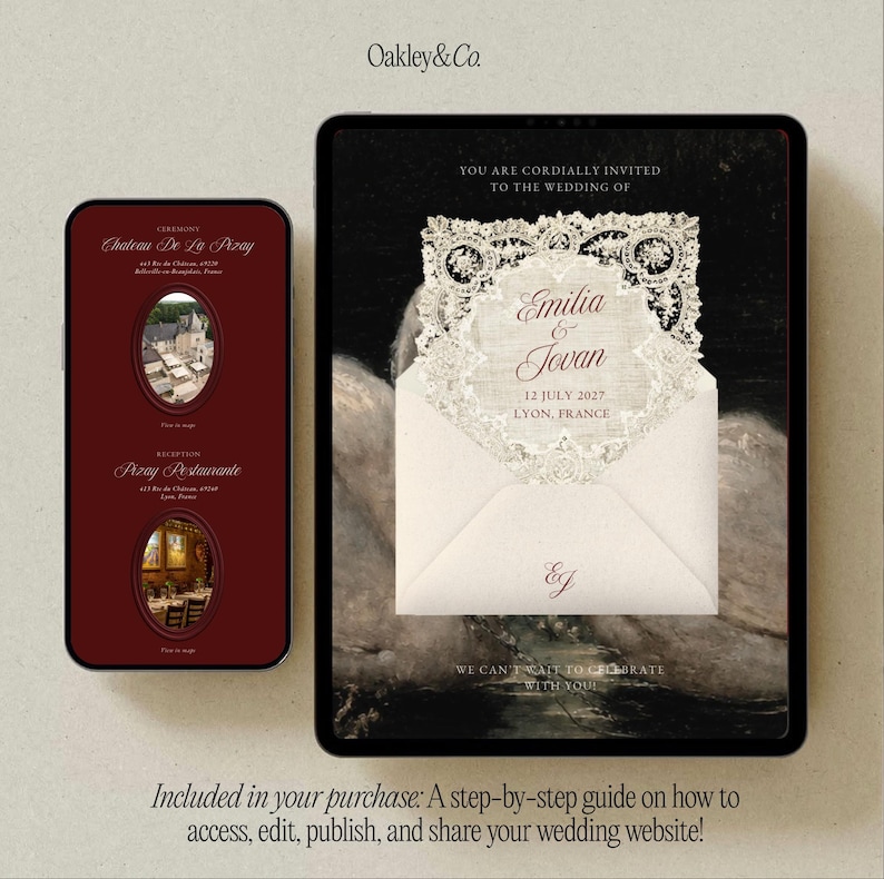 May include: A digital wedding invitation suite displayed on a smartphone and tablet. The smartphone shows a dark red interface with venue photos. The tablet displays a white envelope with intricate lace detailing, featuring the names Emilia & Jovan.
