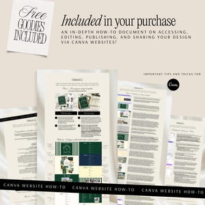 Puede incluir: Un conjunto de documentos con el texto "Free Goodies Included" e "Included in your purchase". Los documentos proporcionan una gu&iacute;a pr&aacute;ctica sobre c&oacute;mo acceder, editar, publicar y compartir dise&ntilde;os a trav&eacute;s de sitios web de Canva. Los documentos tienen un fondo crema con texto verde oscuro y negro.