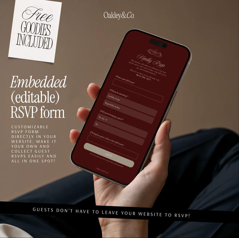 May include: A smartphone displaying a dark red digital RSVP form with white text. The screen shows fields for full name, attendance status, and guest information. Text on the screen includes "Kindly RSVP" and "March 20th, 2027." The interface is designed for website integration.