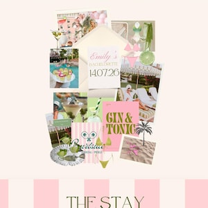 May include: A digital itinerary template with pink and white vertical stripes featuring text BIKINIS & Martinis, EMILY'S BACHELORETTE, GIN & TONIC, and THE STAY. The layout includes collaged photos of swimming pools, martinis, and palm trees.