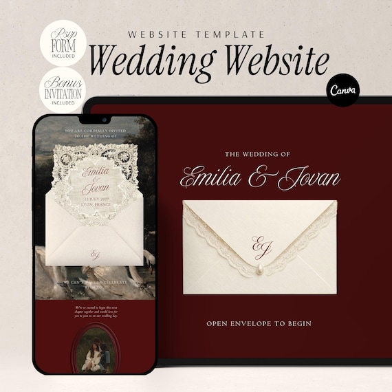 Burgundy Wedding Website Template with RSVP Vintage Swans Canva Editable Invitation Oil Painting Animated Lace Envelope Classic Romance Site