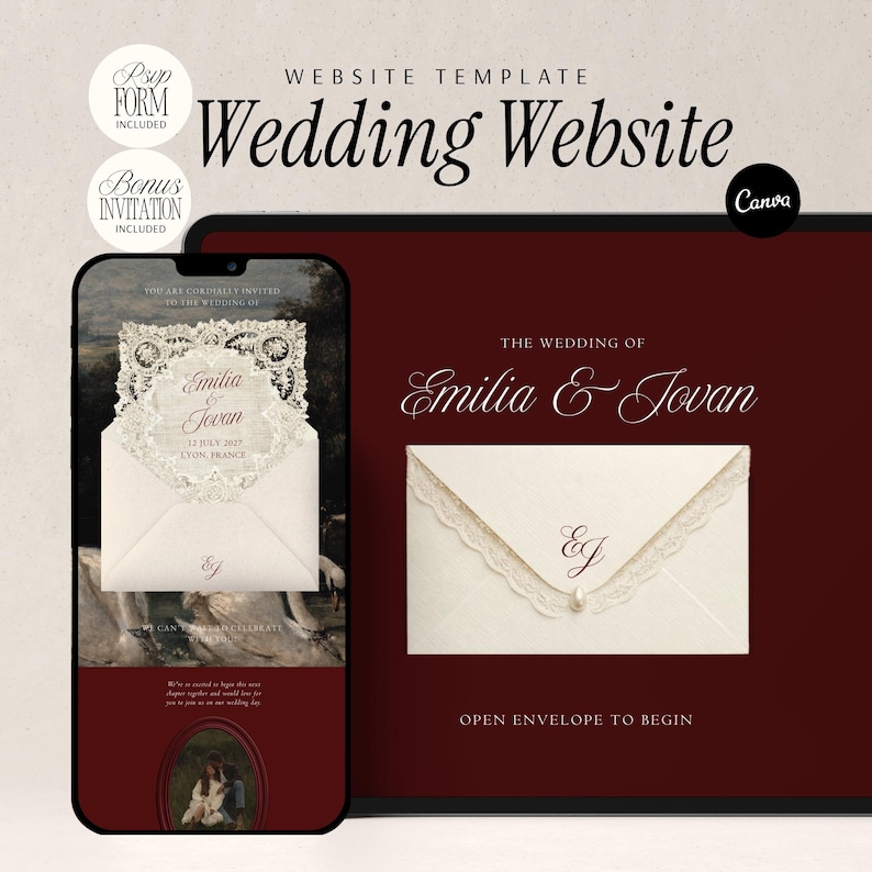 Burgundy Wedding Website Template Canva Editable Design Swan Oil Painting Artwork Lace Details Animated Envelope Opening Classic Romance Theme Vintage Elegance Four Page Layout Landing Details RSVP Form Guest Management System DIY Wedding