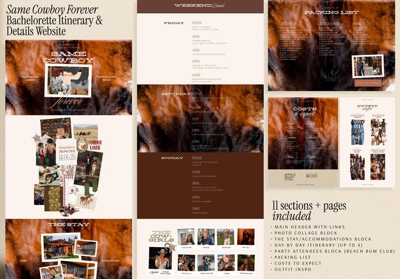 Canva Template Editable Bachelorette Website Builder Western Cowboy Theme Design Digital Download Instant Access Brown Leather Texture Pattern Matching Invitation Included Nashville Bach Weekend Planner Scottsdale Austin Party Coordination