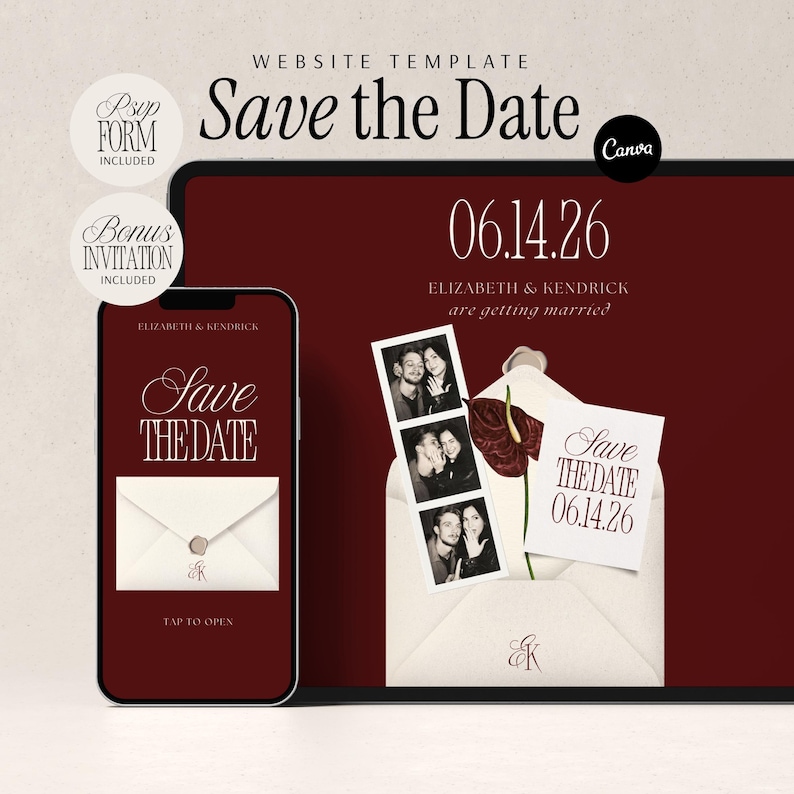 Burgundy Floral Wedding Website Template Save The Date Invitation Modern Minimalist Design Luxury Elegant Old Money Aesthetic Built In RSVP Form Canva Customizable Template Mobile Responsive Digital Download Instant Access Complete Wedding