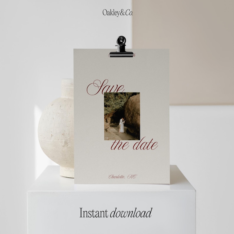 Printable Engagement Card 5x7 Save The Date Template Editable Canva Design Wedding Announcement Simple Minimal Elegant Burgundy Script Text Cream Background Photo Space Custom DIY Wedding Planning Instant Download PDF Modern Neutral