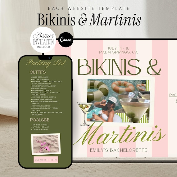 Bachelorette Website Template Bikinis and Martinis Editable Canva Invitation Itinerary Planner Bridal Event Organizer Bach Trip Details