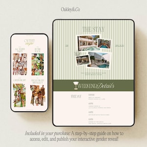 May include: A digital itinerary template displayed on a tablet and smartphone, featuring a light green striped background, photo collages of a poolfront suite, and text sections for weekend details, outfit inspiration, and event schedules by Oakley&Co.