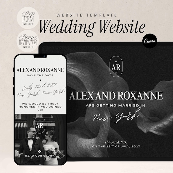 Wedding Website Template Modern Luxe Minimalist Canva Digital Invitation with RSVP Form Black and White Elegant Classy Old Money Design