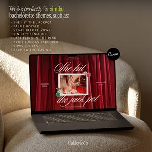Canva Bachelorette Website Template Vegas Casino Theme Party Invitation Design Digital Printable Bridal Shower Card Editable Red Curtain Backdrop Script Typography Dice Playing Cards Photo Placeholders Online Event Webpage Itinerary Hen