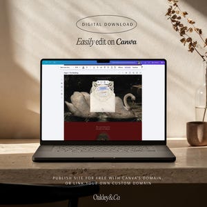 May include: A laptop screen displaying a digital wedding invitation template on Canva, featuring an image of two swans. Text on screen reads Digital Download, Easily edit on Canva, and Publish site for free with Canva's domain, or link your own custom domain.