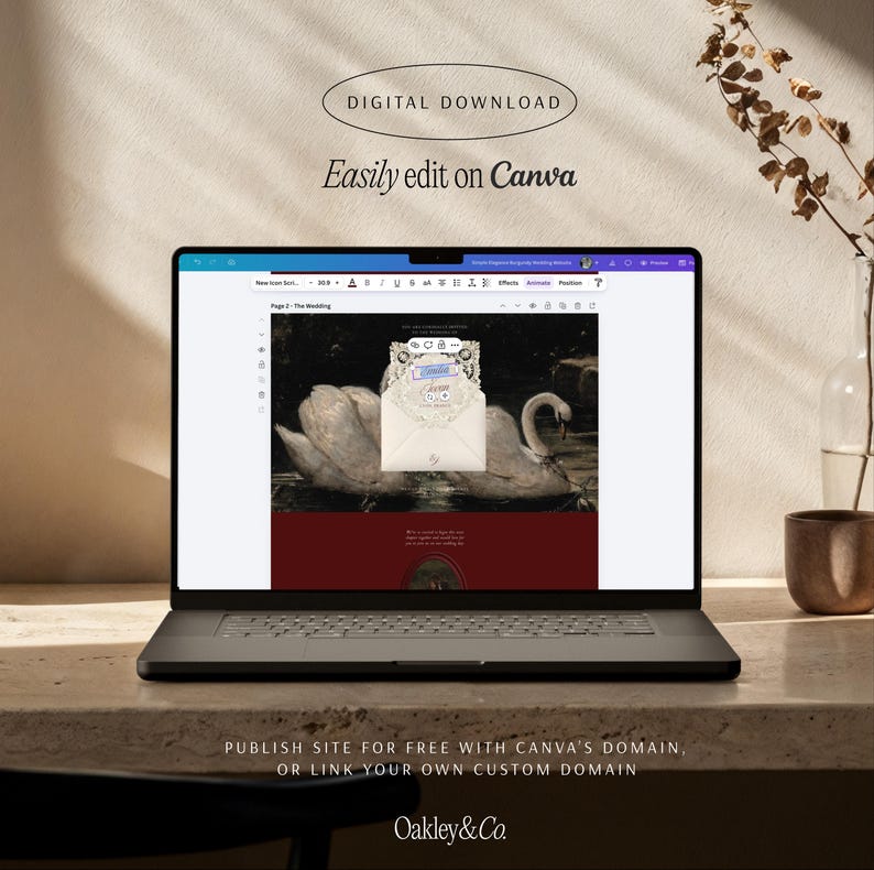 May include: A laptop screen displaying a digital wedding invitation template on Canva, featuring an image of two swans. Text on screen reads Digital Download, Easily edit on Canva, and Publish site for free with Canva's domain, or link your own custom domain.