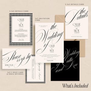 Canva Editable Wedding Bundle Digital Invitation Template Black Calligraphy Script Modern Design Elegant Romantic Suite Complete Package RSVP Card Included Details Insert Ready Instant Download DIY Stationery Easy Customization Printable
