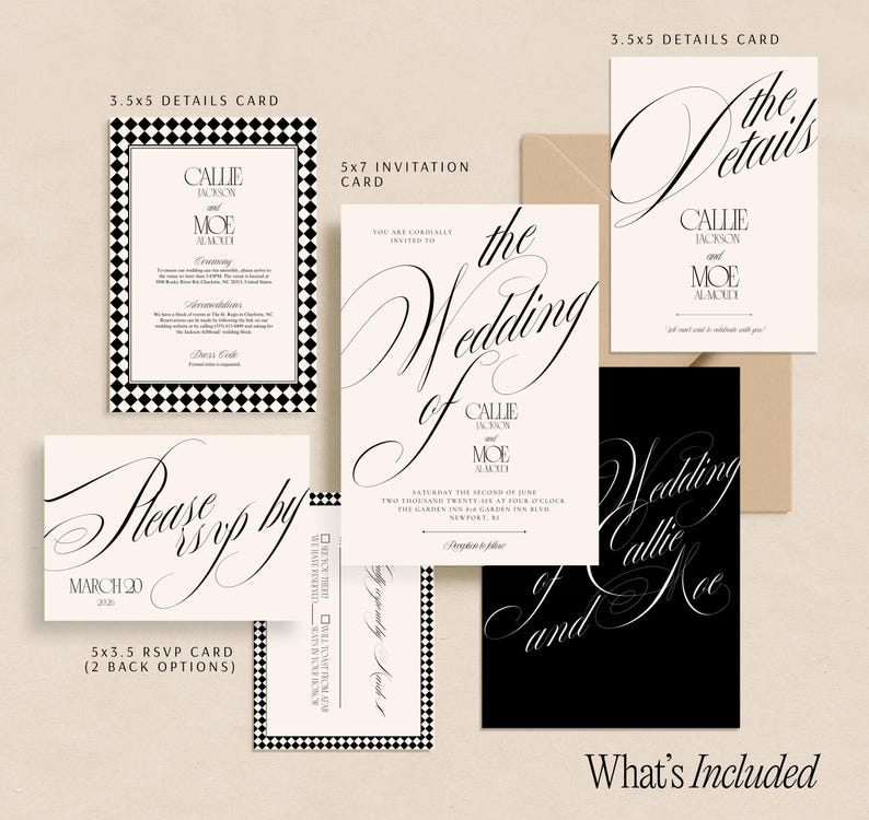 Canva Editable Wedding Bundle Digital Invitation Template Black Calligraphy Script Modern Design Elegant Romantic Suite Complete Package RSVP Card Included Details Insert Ready Instant Download DIY Stationery Easy Customization Printable