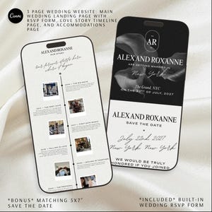 Digital Wedding Design Black White Minimalist Canva Template Modern Luxe Elegant Clean Classy Customizable Website Mobile Responsive Save Date Card Included Instant Download PDF Delivery DIY Planning Essential Perfect Engagement Gift
