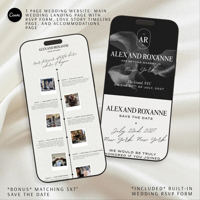 Digital Wedding Design Black White Minimalist Canva Template Modern Luxe Elegant Clean Classy Customizable Website Mobile Responsive Save Date Card Included Instant Download PDF Delivery DIY Planning Essential Perfect Engagement Gift