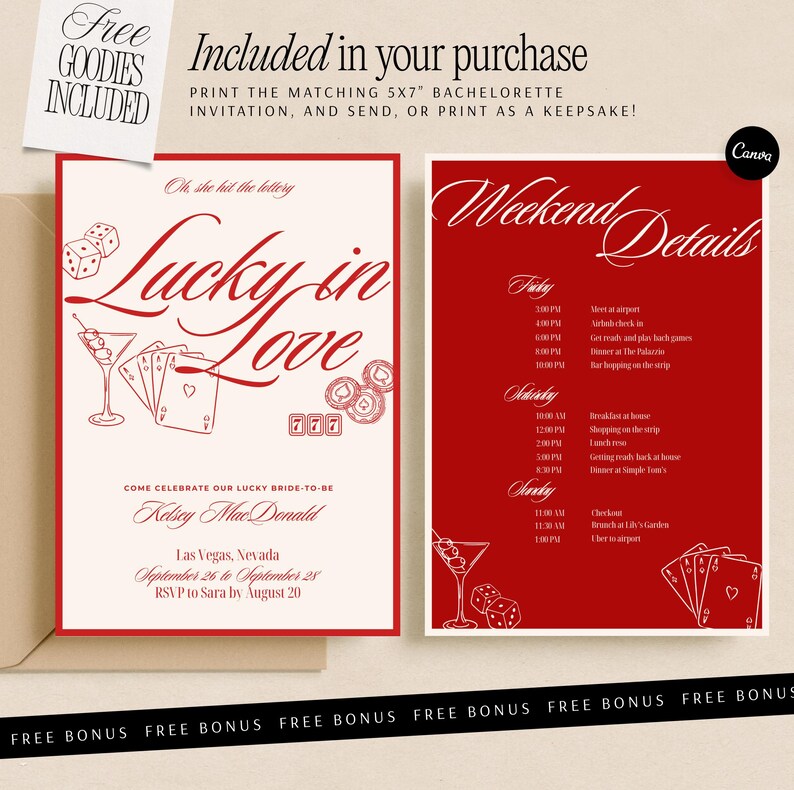 May include: A bachelorette party invitation set with a casino theme. The main invitation features the words "Lucky in Love" in red script, along with dice, playing cards, and casino chips. The set includes a matching itinerary.