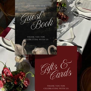 Editable Wedding Template Set Burgundy Signs Collection Guest Book Sign Design Gifts Cards Display Signage Swans Oil Painting Background Customizable Canva Template Digital Download Printable Reception Romantic Vintage Style Script