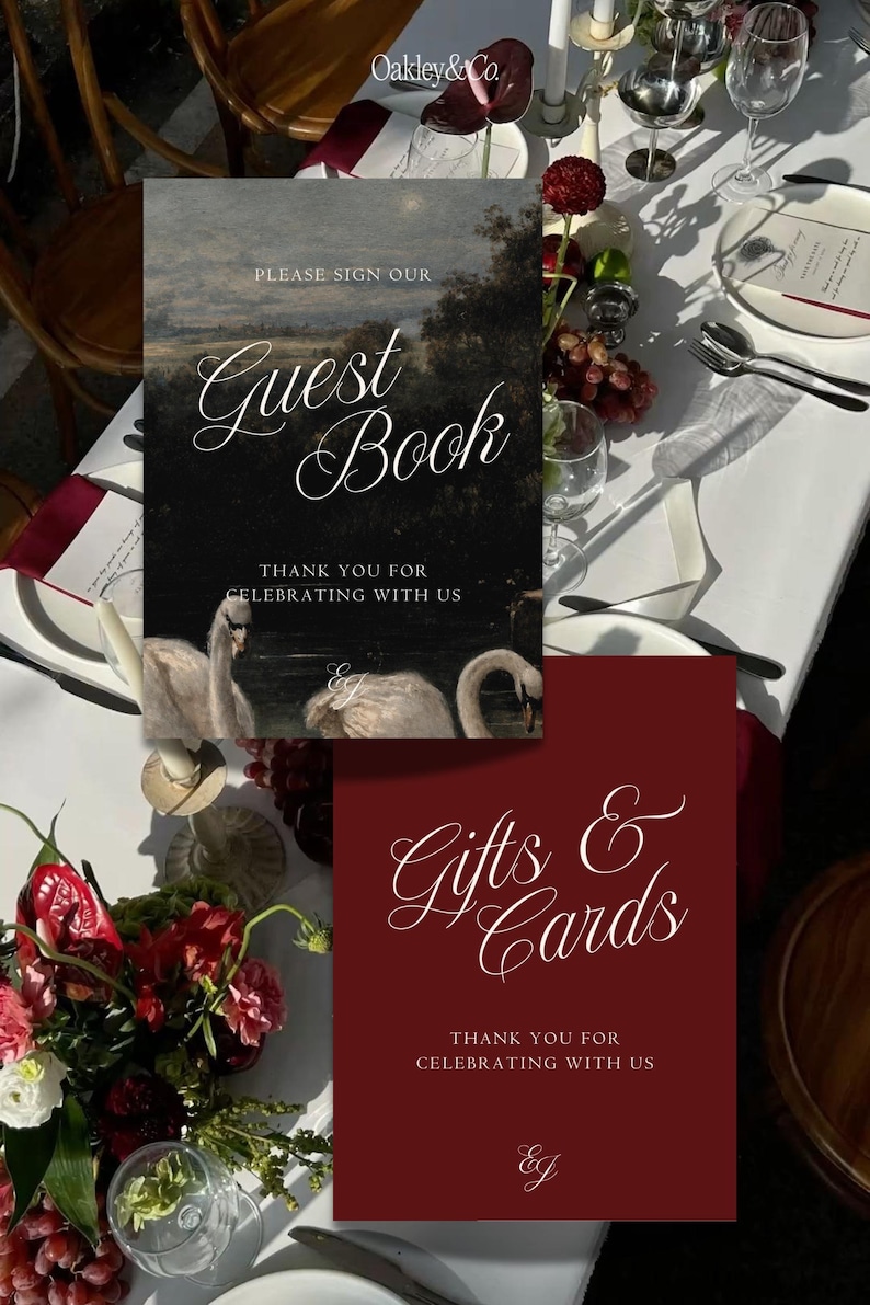 Editable Wedding Template Set Burgundy Signs Collection Guest Book Sign Design Gifts Cards Display Signage Swans Oil Painting Background Customizable Canva Template Digital Download Printable Reception Romantic Vintage Style Script