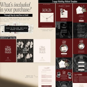 Canva Wedding Template Digital Design Burgundy Cream Color Scheme Wedding Website Package RSVP Form Builder Save Date Card Template Included Engagement Gift Idea Bridal Shower Present Perfect DIY Wedding Site Custom Photo Display Three Page