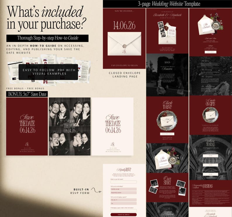 Canva Wedding Template Digital Design Burgundy Cream Color Scheme Wedding Website Package RSVP Form Builder Save Date Card Template Included Engagement Gift Idea Bridal Shower Present Perfect DIY Wedding Site Custom Photo Display Three Page
