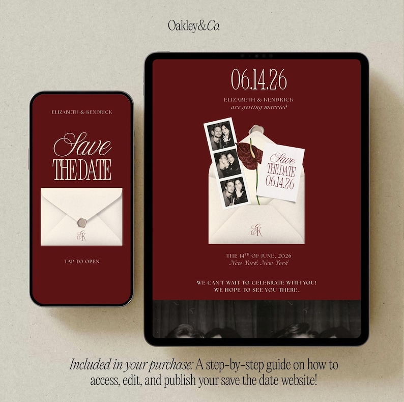 Wedding Website Template Burgundy Floral Design Save The Date Invitation Built In RSVP Form Mobile Responsive Canva Template Customizable Fonts Colors Photos Modern Minimalist Luxury Elegant Old Money Aesthetic Digital Download Wedding
