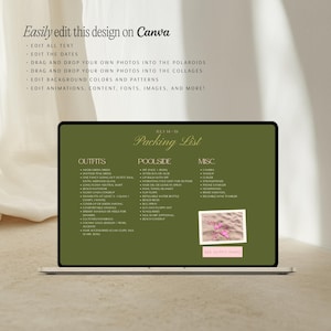 May include: A digital packing list template displayed on a laptop screen with an olive green background. The text includes categories for outfits, poolside items, and miscellaneous goods, alongside a small polaroid-style photo of a pink bikini.