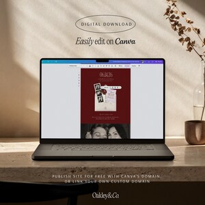 May include: A laptop screen displays a digital wedding invitation template on a dark red background with an envelope graphic and photo strip. Text reads DIGITAL DOWNLOAD, Easily edit on Canva, and PUBLISH SITE FOR FREE WITH CANVA'S DOMAIN.