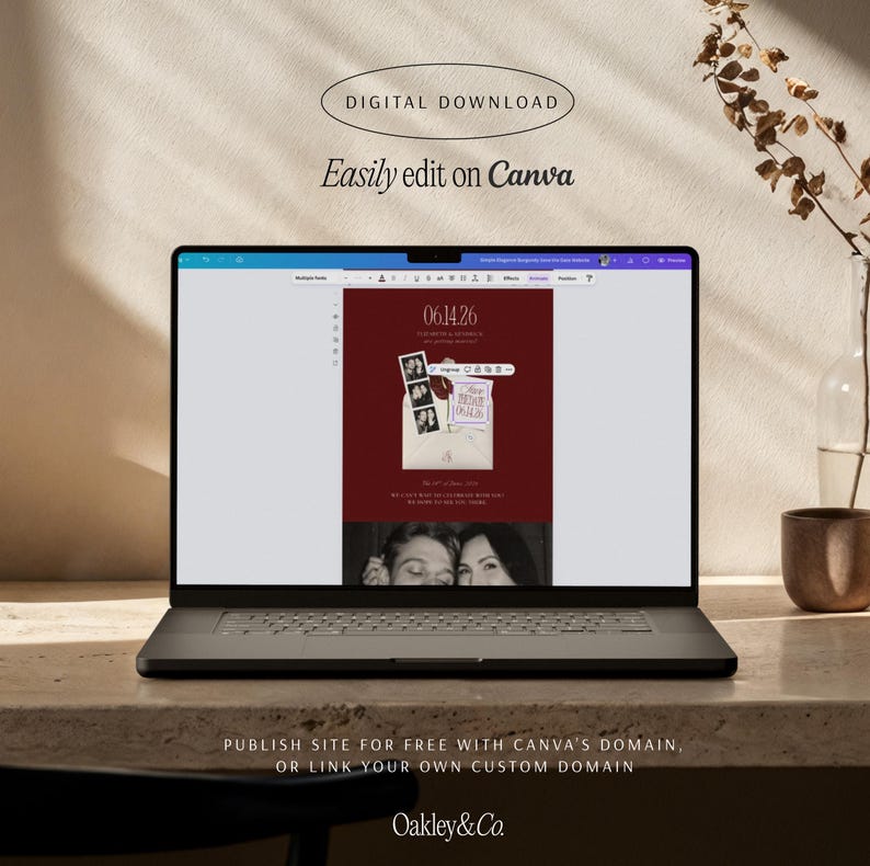 May include: A laptop screen displays a digital wedding invitation template on a dark red background with an envelope graphic and photo strip. Text reads DIGITAL DOWNLOAD, Easily edit on Canva, and PUBLISH SITE FOR FREE WITH CANVA'S DOMAIN.