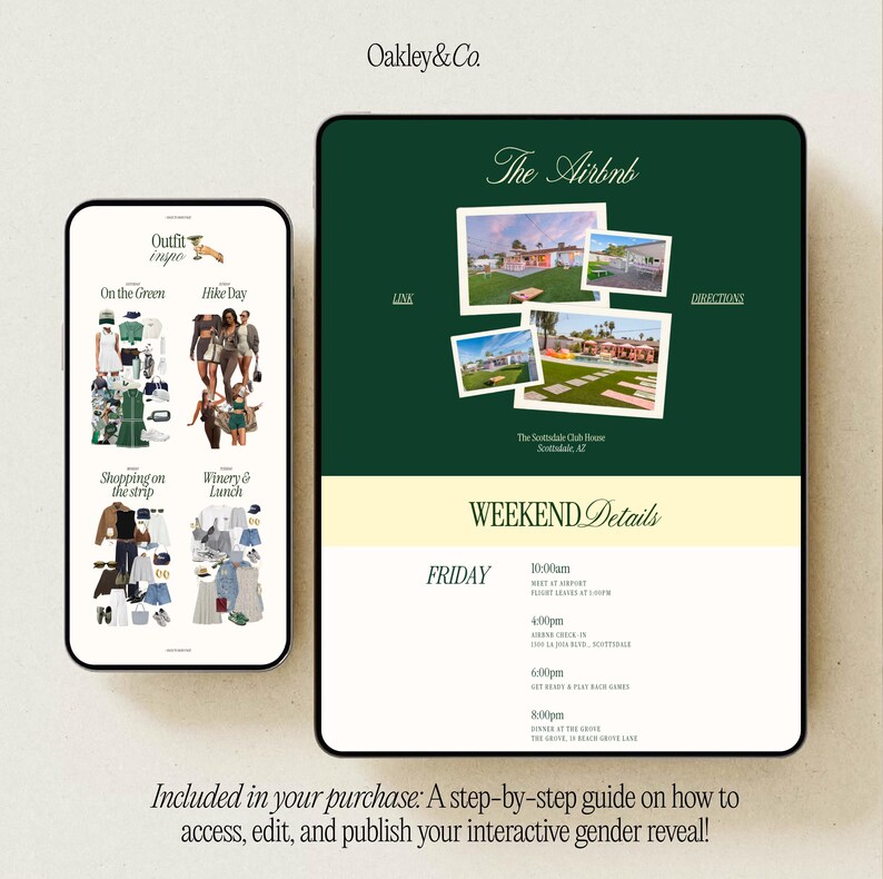Puede incluir: Una pantalla digital muestra un tel&eacute;fono y una tableta. El tel&eacute;fono muestra inspiraci&oacute;n de atuendos para diversas actividades. La tableta muestra detalles de "The Airbnb" con fotos y detalles del fin de semana. El texto en la parte inferior dice: "Incluido en tu compra: Una gu&iacute;a paso a paso..."