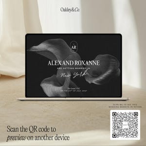 Może przedstawiać: Ekran laptopa wyświetla stronę ślubną Alexa i Roxanne z czarno-białą grafiką lilii calla, napisem Oakley&Co. oraz szczeg&oacute;łami wydarzenia w Nowym Jorku 22 lipca 2027 roku. Kod QR umożliwia podgląd strony na innym urządzeniu.