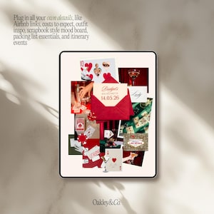 May include: A digital mood board with a casino theme, featuring playing cards, dice, and a red envelope with the text "Bridget's Bachelorette 14.05.26." The board includes the text "Plug in all your own details..." and the Oakley & Co. logo.