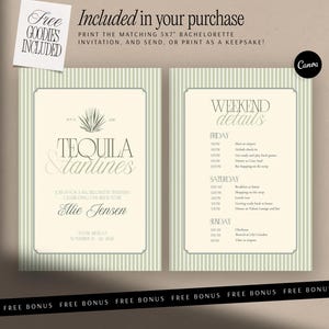May include: Two rectangular bachelorette weekend itinerary cards with a light green and white vertical striped border. The left card features the text Tequila & Tanlines, Ellie Jensen, and Tulum, Mexico. The right card lists weekend details.