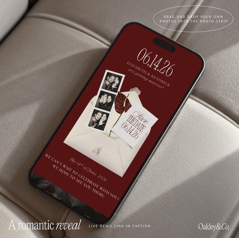 May include: A smartphone displaying a digital save the date announcement on a deep red background. The screen features a photo strip of a couple, a white envelope, a dark red flower, and text reading 06.14.26, Elizabeth & Kendrick, and Save the Date.
