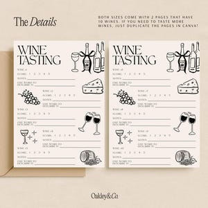 May include: Two identical wine tasting scorecards on a light background. Each card features the text WINE TASTING, numbered sections for wines 1 through 5 or 6 through 10, score lines, notes, and illustrations of wine bottles, glasses, grapes, and cheese.