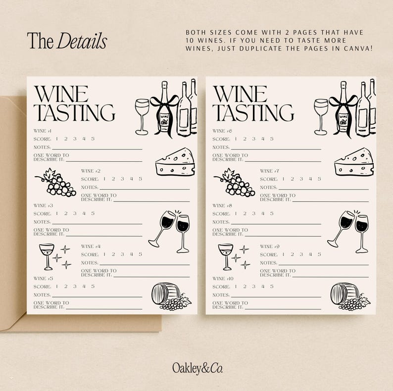 May include: Two identical wine tasting scorecards on a light background. Each card features the text WINE TASTING, numbered sections for wines 1 through 5 or 6 through 10, score lines, notes, and illustrations of wine bottles, glasses, grapes, and cheese.