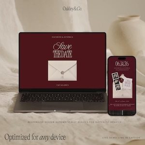 Luxury Wedding Website Template Burgundy Floral Save The Date Design Modern Minimalist Elegant Old Money Aesthetic Built In RSVP Form Canva Customizable Digital Template Mobile Responsive Complete Planning Package Beautiful Custom