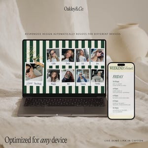Puede incluir: Un port&aacute;til y un smartphone que muestran un itinerario de boda. La pantalla del port&aacute;til muestra un collage de fotos con el texto "The Brides" y nombres. El smartphone muestra "Weekend Details" con un horario.