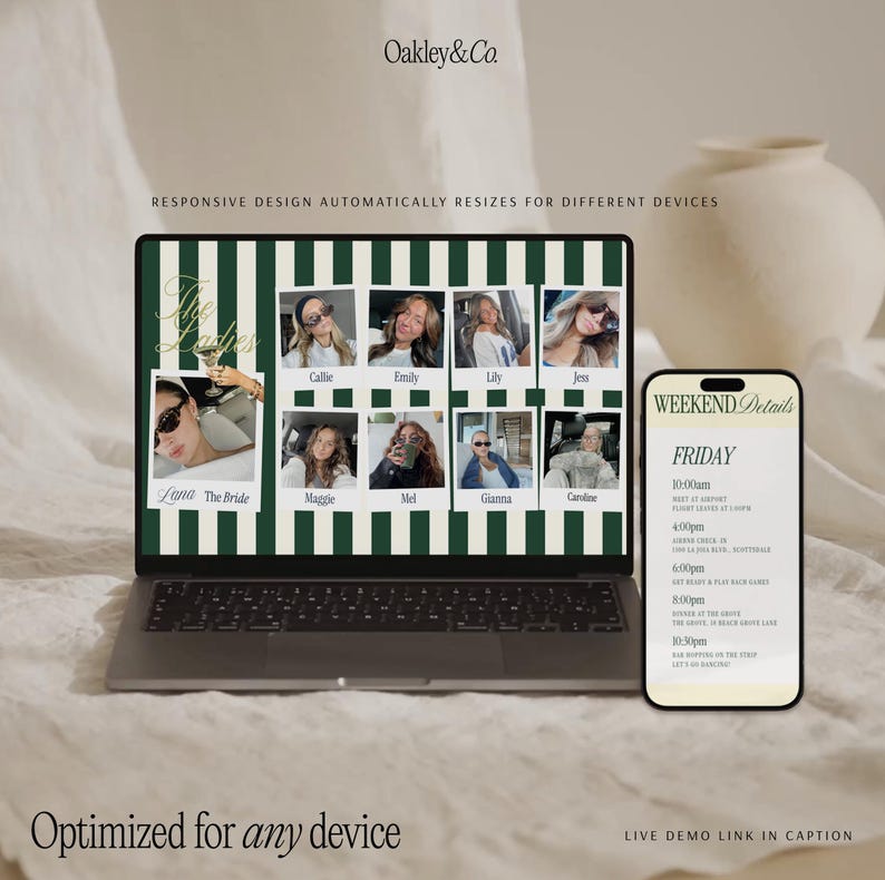 Puede incluir: Un port&aacute;til y un smartphone que muestran un itinerario de boda. La pantalla del port&aacute;til muestra un collage de fotos con el texto "The Brides" y nombres. El smartphone muestra "Weekend Details" con un horario.