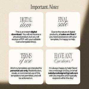 May include: A digital information graphic titled Important Notes with four sections: Digital item, Final sale, Terms of use, and Have any Questions? The text explains this is an instant digital download, final sale, for personal use only, and contact info.