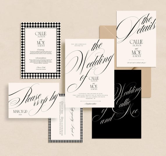 Wedding Invitation Template Canva Editable Suite Black and White Timeless Calligraphy Invite Bundle Simple Elegant Romantic Classic Set