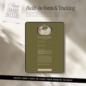 Pode incluir: Uma tela de tablet digital exibindo um formul&aacute;rio de confirma&ccedil;&atilde;o de presen&ccedil;a personaliz&aacute;vel com fundo verde-oliva. A interface inclui campos de texto para nomes de convidados, endere&ccedil;os de e-mail, status de presen&ccedil;a e um bot&atilde;o de envio.