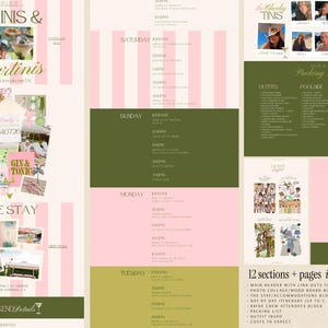 Bridal Party Planning Website Template Bachelorette Trip Organizer Canva Editable Pages Digital Download Itinerary Packing List Accommodation Guide Weekend Getaway Planner Preppy Pink Green Theme Bikini Martini Design Attendees Tracker