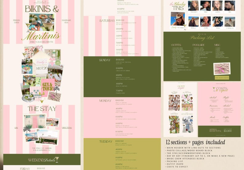 Bridal Party Planning Website Template Bachelorette Trip Organizer Canva Editable Pages Digital Download Itinerary Packing List Accommodation Guide Weekend Getaway Planner Preppy Pink Green Theme Bikini Martini Design Attendees Tracker