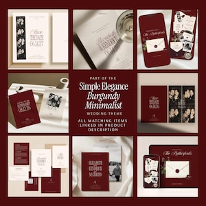 May include: A collection of wedding stationery featuring burgundy and cream color schemes, including save the date cards, invitations, and digital displays with text such as Elizabeth & Kendrick, The Rutherfords, and Simple Elegance Burgundy Minimalist.