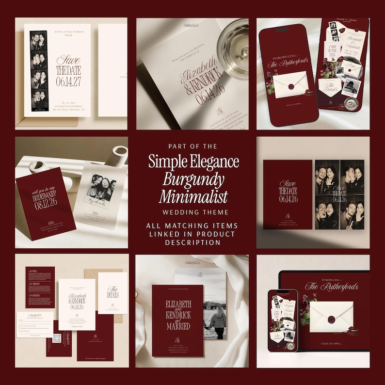 May include: A collection of wedding stationery featuring burgundy and cream color schemes, including save the date cards, invitations, and digital displays with text such as Elizabeth & Kendrick, The Rutherfords, and Simple Elegance Burgundy Minimalist.